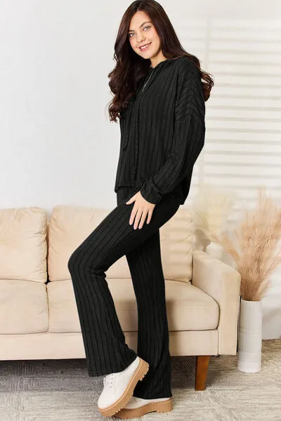 Lounge Life Ribbed Drawstring Hood Top and Straight Pants Set  (multiple color options)