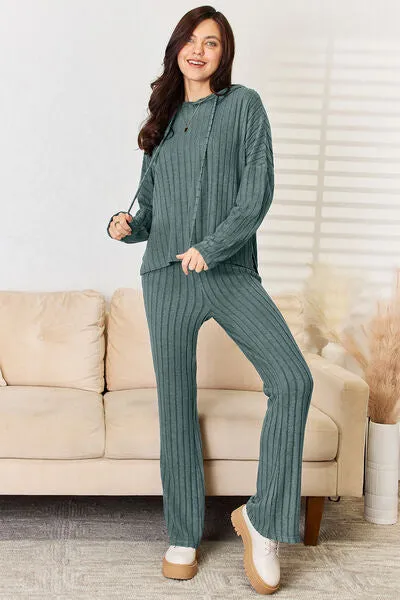 Lounge Life Ribbed Drawstring Hood Top and Straight Pants Set  (multiple color options)
