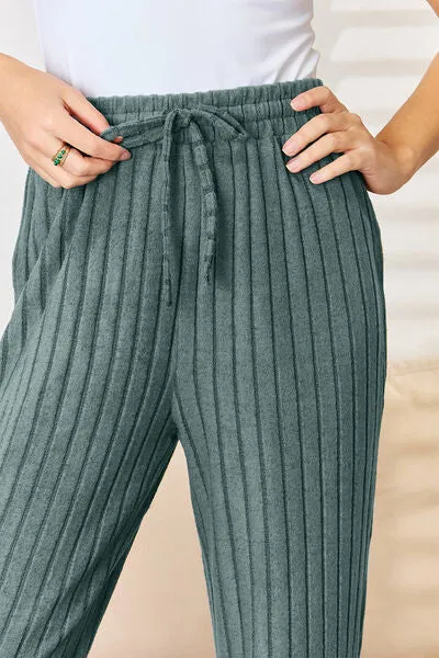 Lounge Life Ribbed Drawstring Hood Top and Straight Pants Set  (multiple color options)