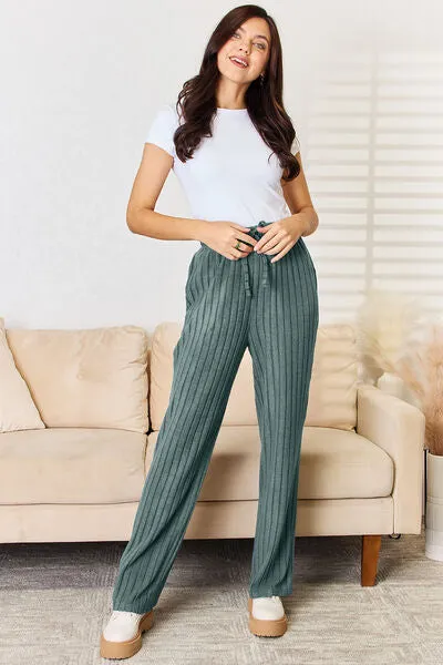 Lounge Life Ribbed Drawstring Hood Top and Straight Pants Set  (multiple color options)