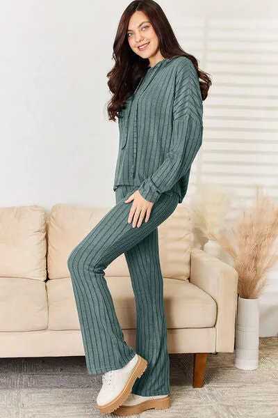 Lounge Life Ribbed Drawstring Hood Top and Straight Pants Set  (multiple color options)