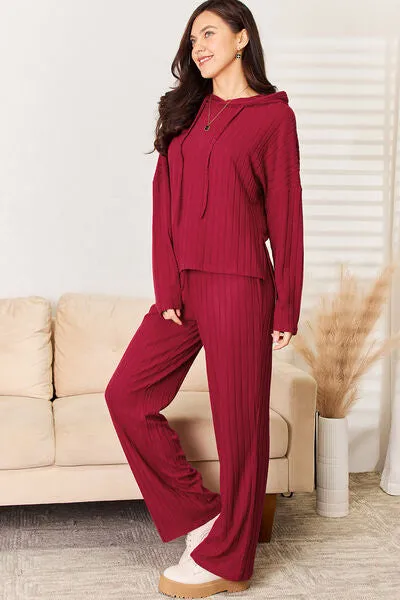 Lounge Life Ribbed Drawstring Hood Top and Straight Pants Set  (multiple color options)