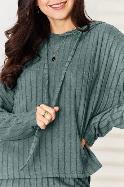 Lounge Life Ribbed Drawstring Hood Top and Straight Pants Set  (multiple color options)