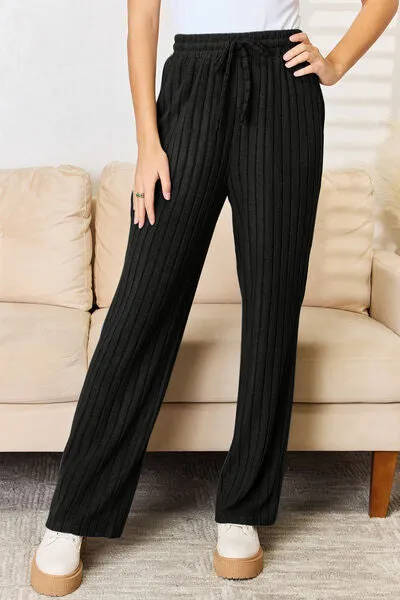 Lounge Life Ribbed Drawstring Hood Top and Straight Pants Set  (multiple color options)