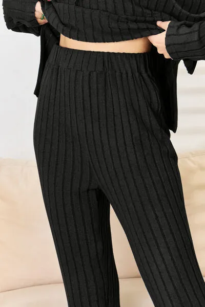 Lounge Life Ribbed Drawstring Hood Top and Straight Pants Set  (multiple color options)