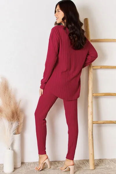 Lounge Life Ribbed Round Neck High-Low Slit Top and Pants Set  (multiple color options)