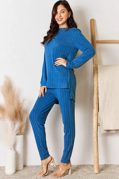 Lounge Life Ribbed Round Neck High-Low Slit Top and Pants Set  (multiple color options)