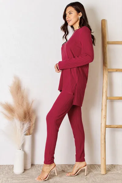 Lounge Life Ribbed Round Neck High-Low Slit Top and Pants Set  (multiple color options)