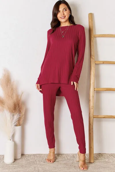 Lounge Life Ribbed Round Neck High-Low Slit Top and Pants Set  (multiple color options)