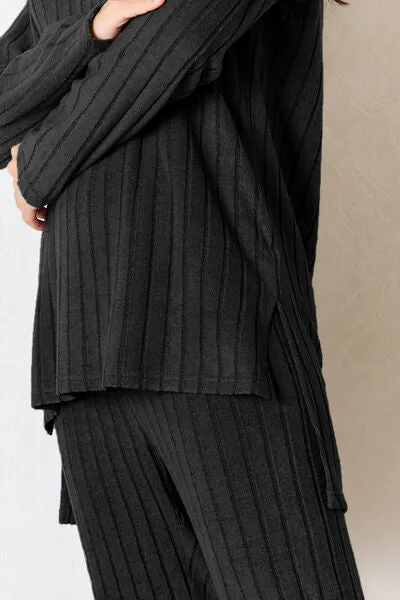 Lounge Life Ribbed Round Neck High-Low Slit Top and Pants Set  (multiple color options)