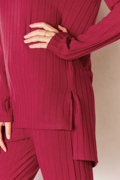 Lounge Life Ribbed Round Neck High-Low Slit Top and Pants Set  (multiple color options)