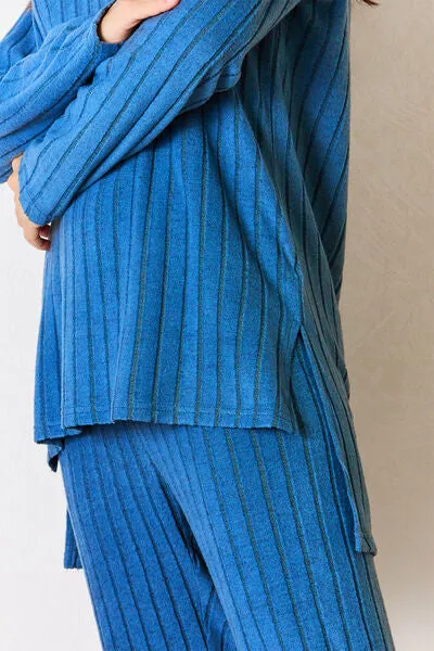 Lounge Life Ribbed Round Neck High-Low Slit Top and Pants Set  (multiple color options)