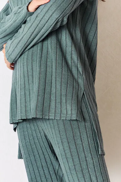 Lounge Life Ribbed Round Neck High-Low Slit Top and Pants Set  (multiple color options)