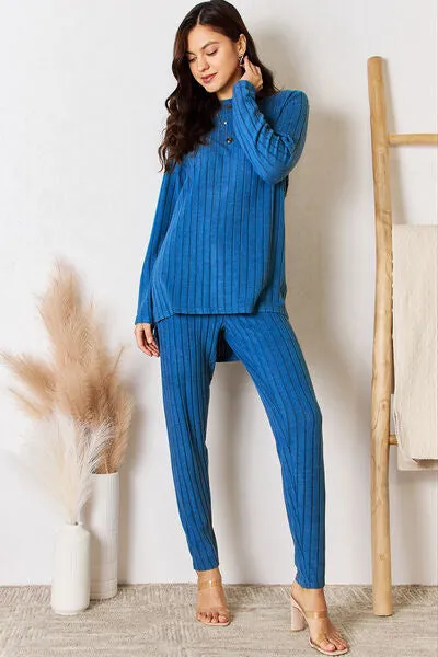 Lounge Life Ribbed Round Neck High-Low Slit Top and Pants Set  (multiple color options)
