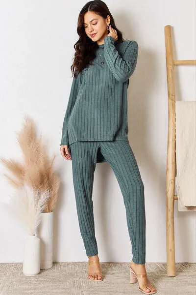 Lounge Life Ribbed Round Neck High-Low Slit Top and Pants Set  (multiple color options)