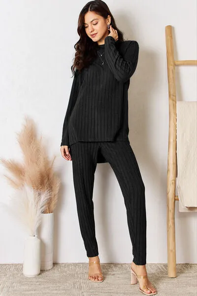 Lounge Life Ribbed Round Neck High-Low Slit Top and Pants Set  (multiple color options)