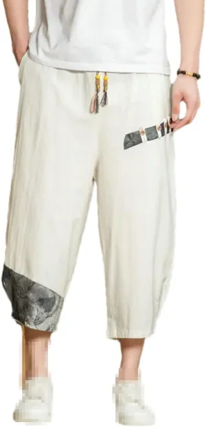 Man's Summer Baggy Trousers Harem Pants Cotton Linen Vintage Elastic Waist Casual Sweatpants