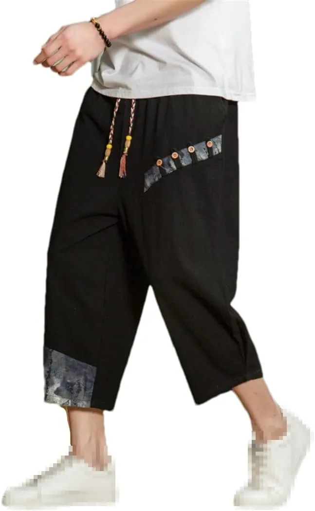 Man's Summer Baggy Trousers Harem Pants Cotton Linen Vintage Elastic Waist Casual Sweatpants