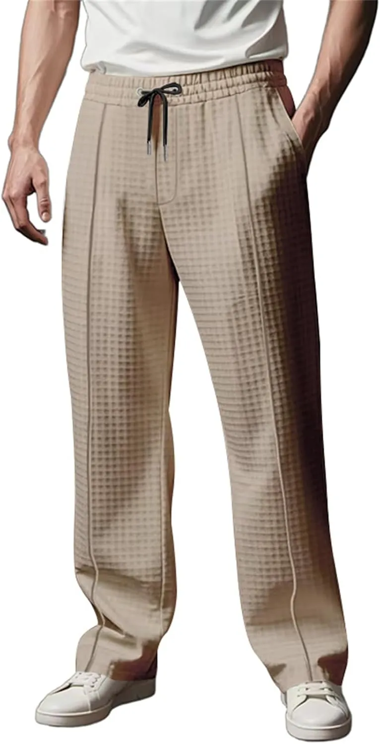 Men's Jacquard Waffle Sweatpants Stretch Waist Drawstring Casual Business Jogging Pants Loose Tousers 2025 Summer