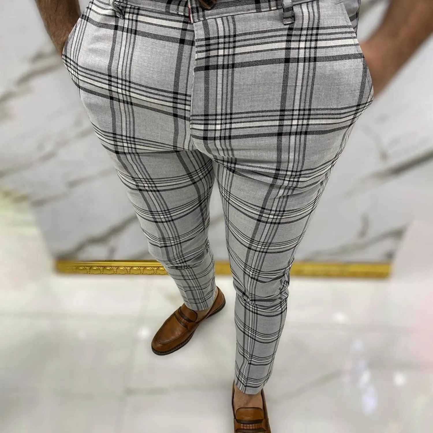 Mens Plaid Pants Skinny Dress Pants Stretch Slim Fit Business Casual Dress Chinos Pants for Men