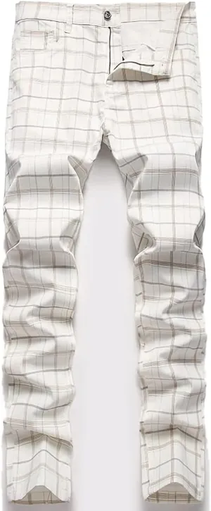 Mywinway Mens Casual Plaid Dress Pants: Stretch Skinny Busniss Slim Fit Chinos Pants