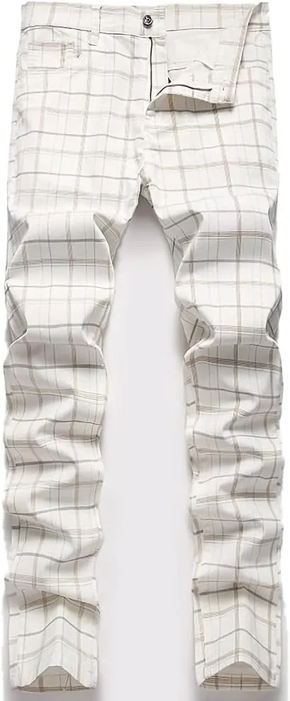 Mywinway Mens Casual Plaid Dress Pants: Stretch Skinny Busniss Slim Fit Chinos Pants