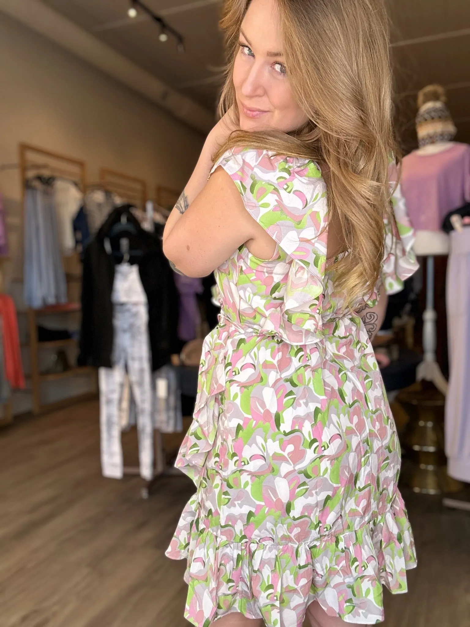 Pink & Green Floral Ruffle Wrap Dress