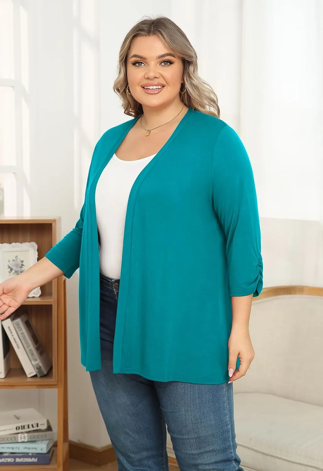 POSESHE Women's Plus Size Casual Lightweight Open Front Cardigans Soft Draped 3/4 Sleeve Cardigan