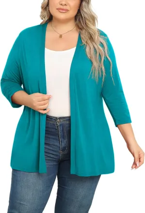 POSESHE Women's Plus Size Casual Lightweight Open Front Cardigans Soft Draped 3/4 Sleeve Cardigan