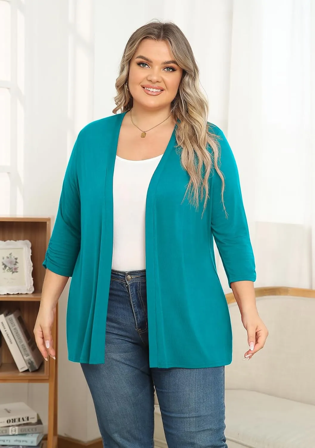 POSESHE Women's Plus Size Casual Lightweight Open Front Cardigans Soft Draped 3/4 Sleeve Cardigan
