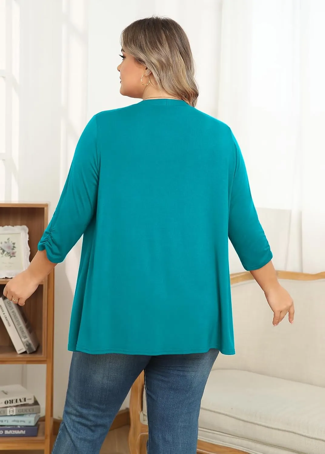 POSESHE Women's Plus Size Casual Lightweight Open Front Cardigans Soft Draped 3/4 Sleeve Cardigan