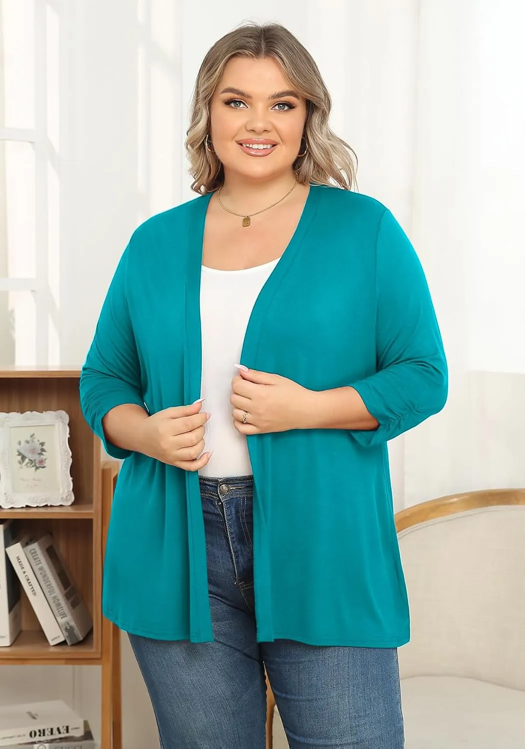 POSESHE Women's Plus Size Casual Lightweight Open Front Cardigans Soft Draped 3/4 Sleeve Cardigan