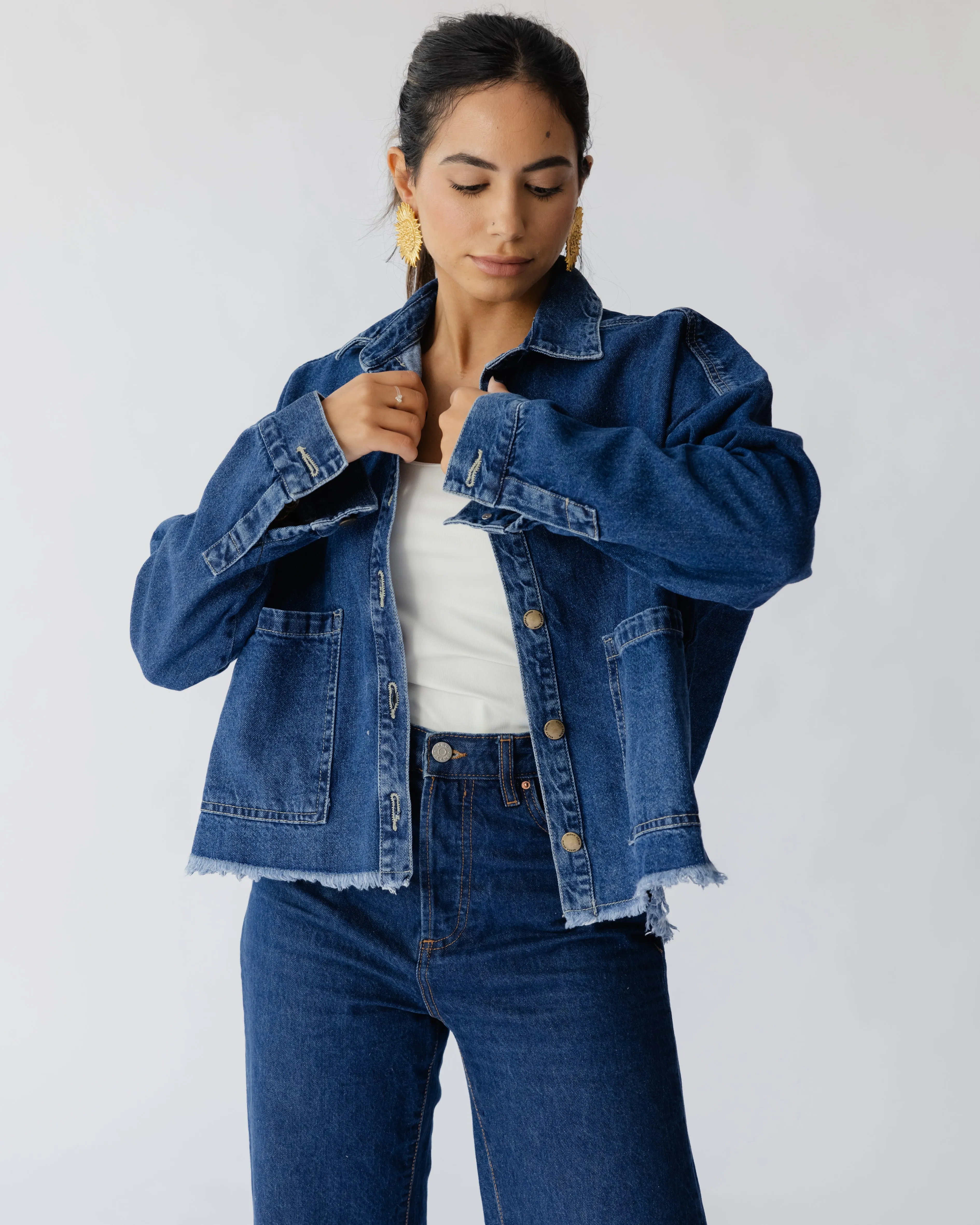 Raw-Hem Denim Jacket in Dark Blue