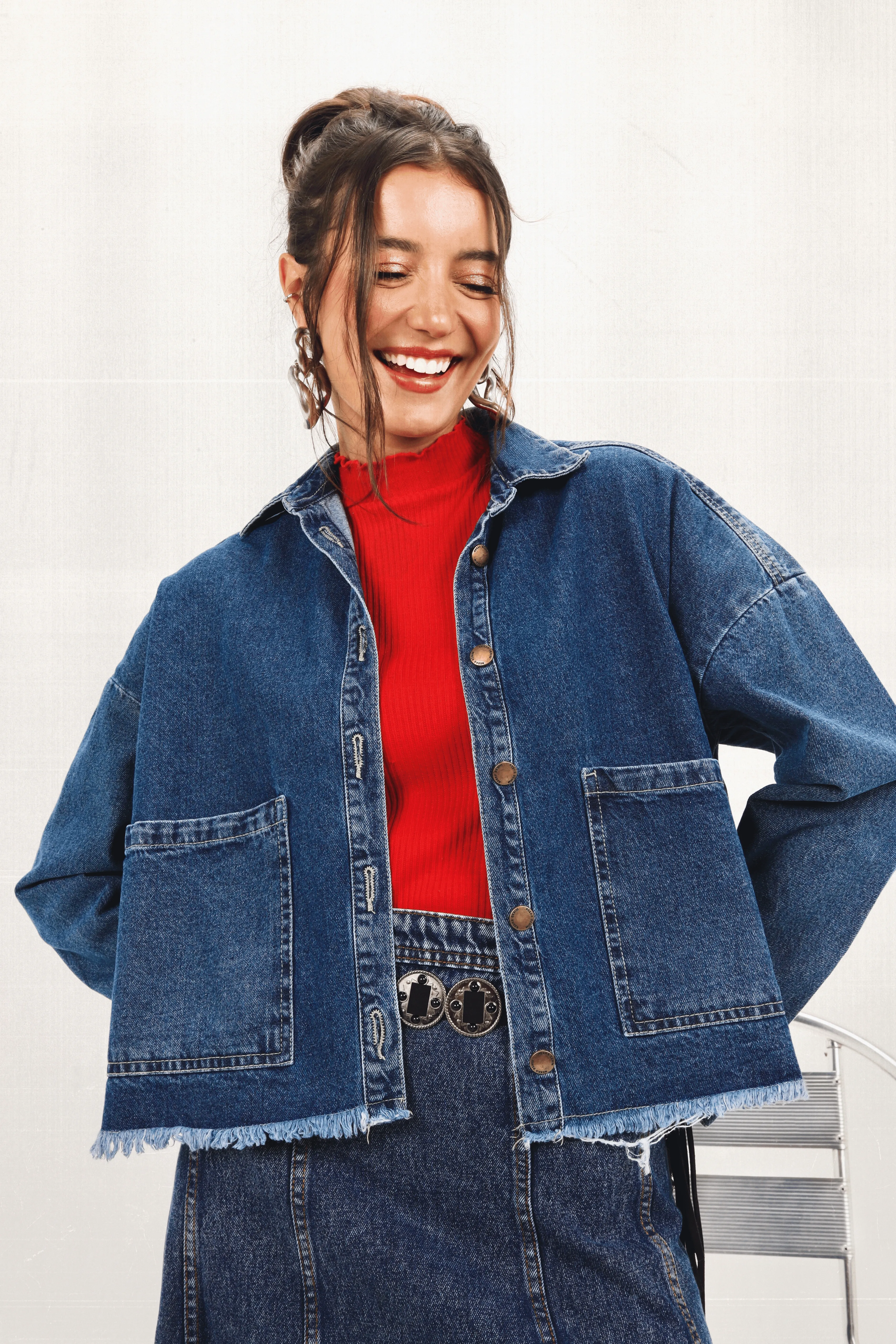 Raw-Hem Denim Jacket in Dark Blue