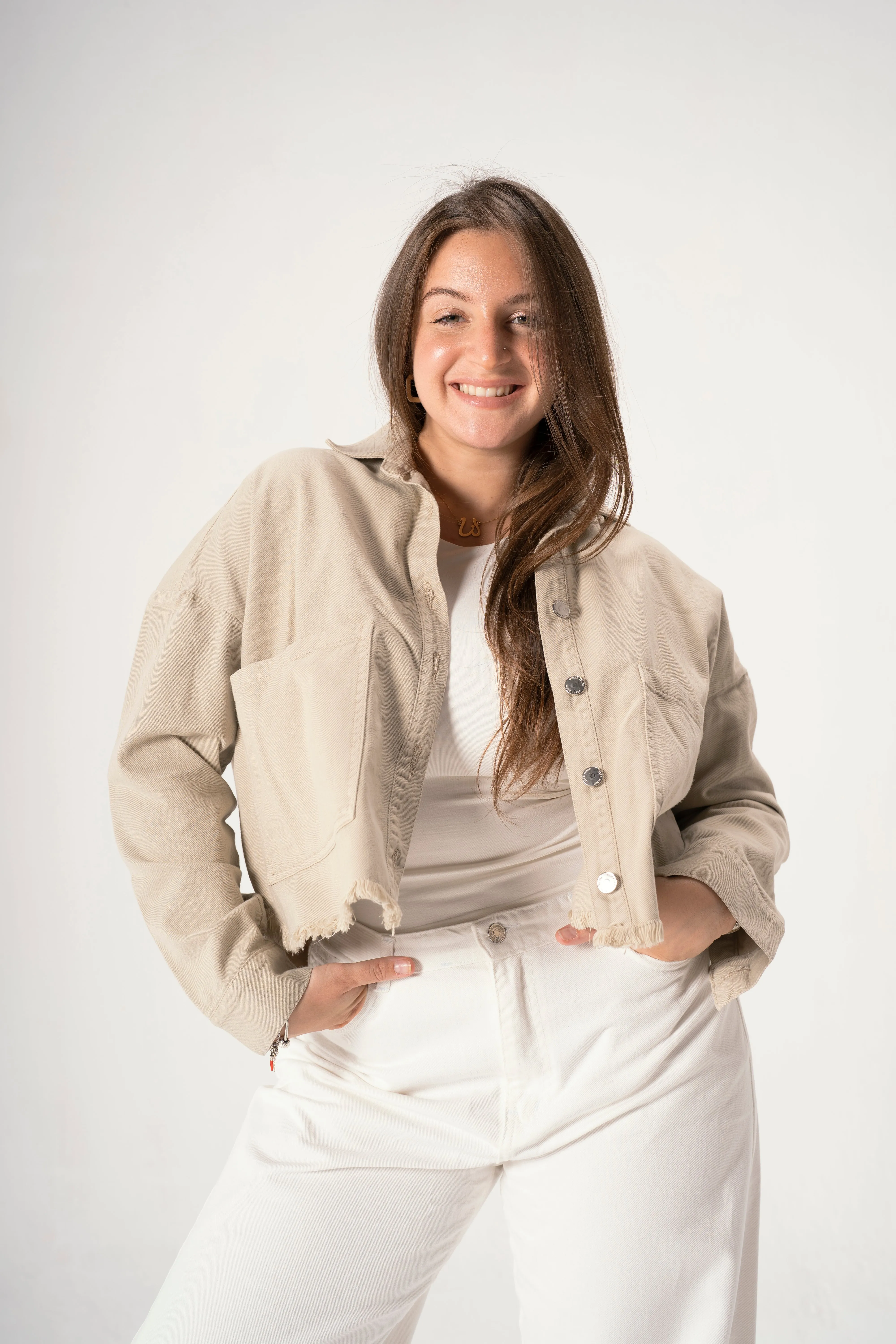 Raw-Hem Denim Jacket in Light Khaki