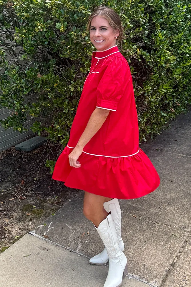 Rosie Puff Sleeve Dress-Red/White