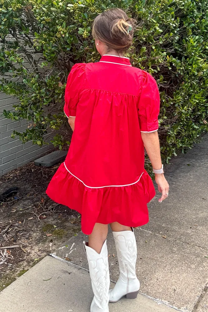 Rosie Puff Sleeve Dress-Red/White