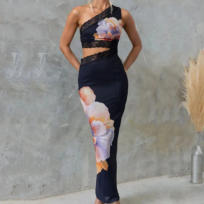 Splicing Lace-Mesh Print Elegant Waist Hollow Asymmetric Skew Collar Skinny Floral Sexy Dress