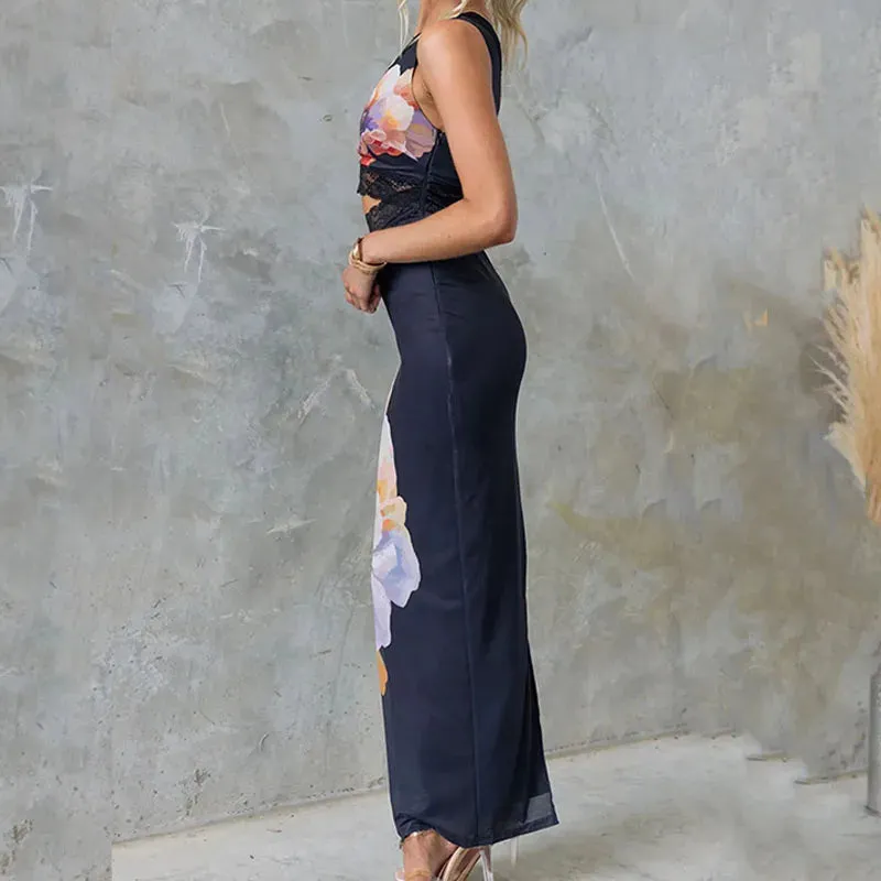 Splicing Lace-Mesh Print Elegant Waist Hollow Asymmetric Skew Collar Skinny Floral Sexy Dress