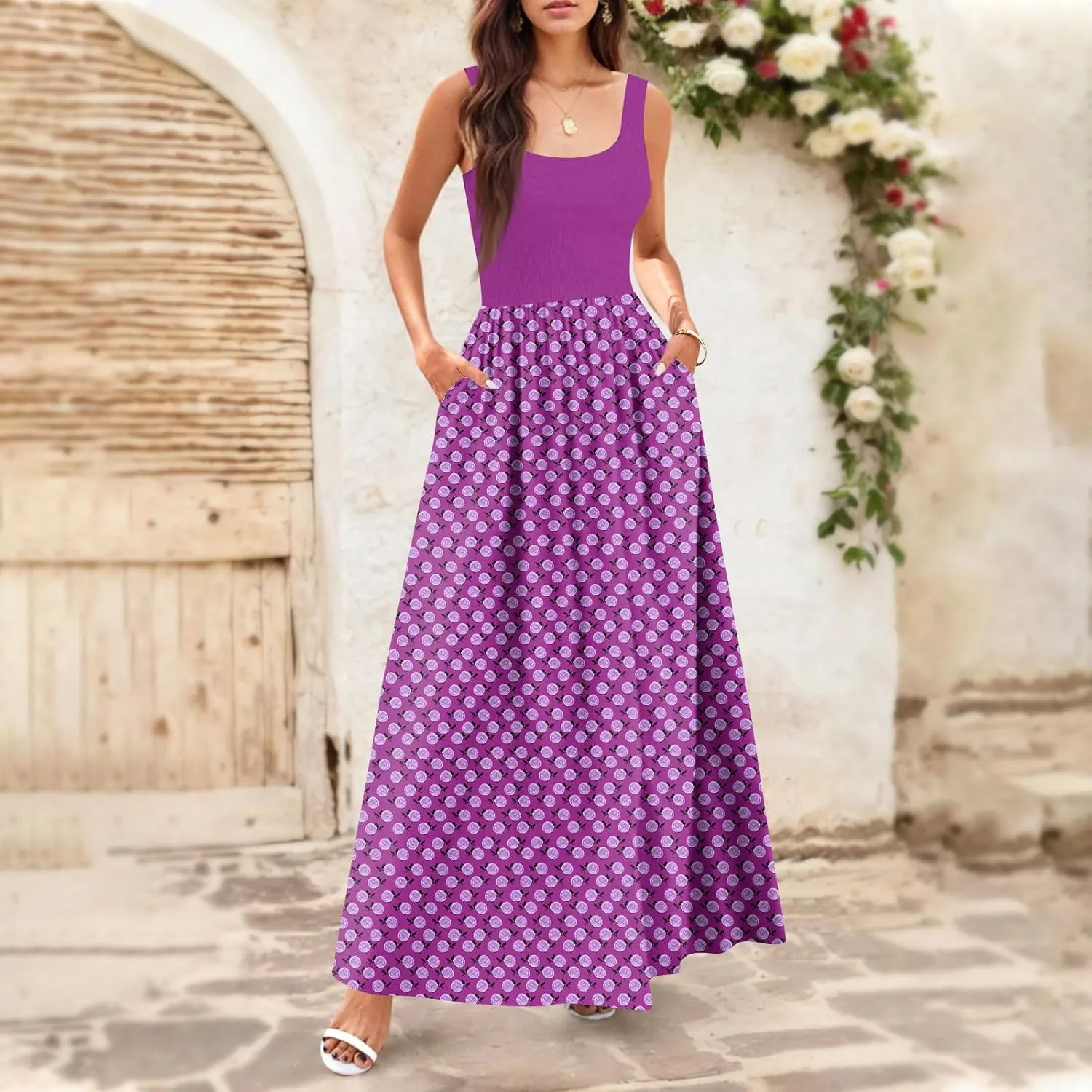 Summer Dress for Women 2025 Floral Sundress Flowy Beach Vacation Boho Maxi Dresses Tiered Floral Maxi Dress