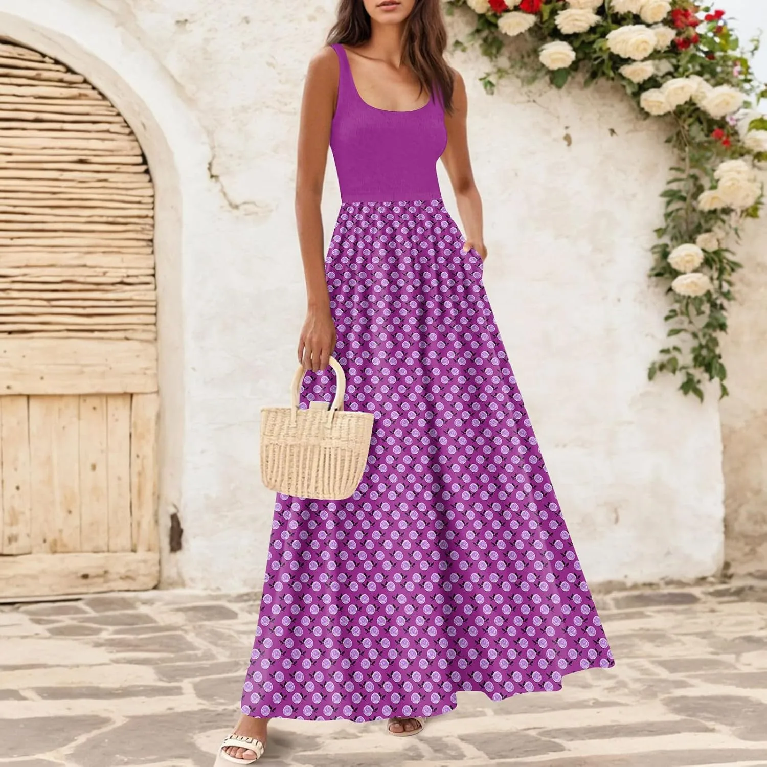 Summer Dress for Women 2025 Floral Sundress Flowy Beach Vacation Boho Maxi Dresses Tiered Floral Maxi Dress