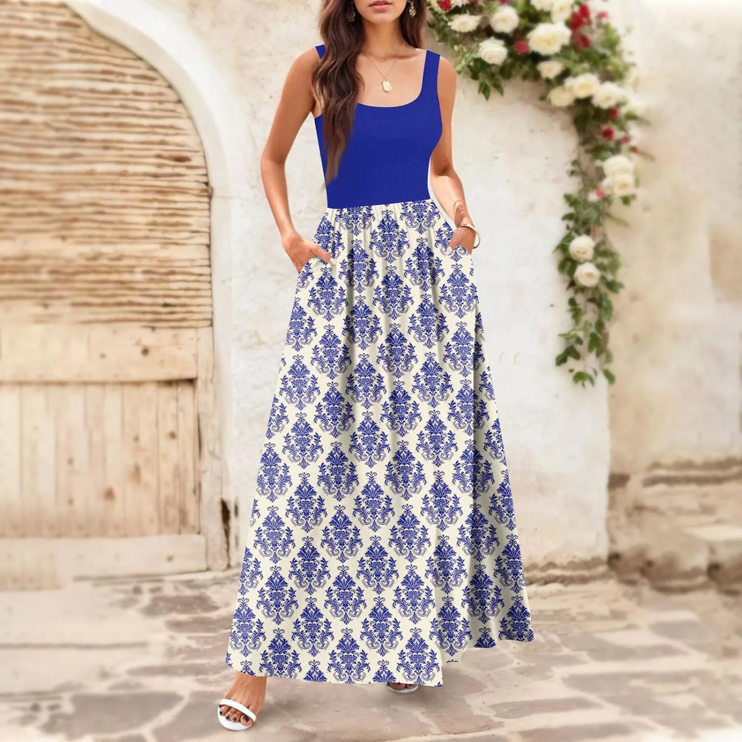 Summer Dress for Women 2025 Floral Sundress Flowy Beach Vacation Boho Maxi Dresses Tiered Floral Maxi Dress