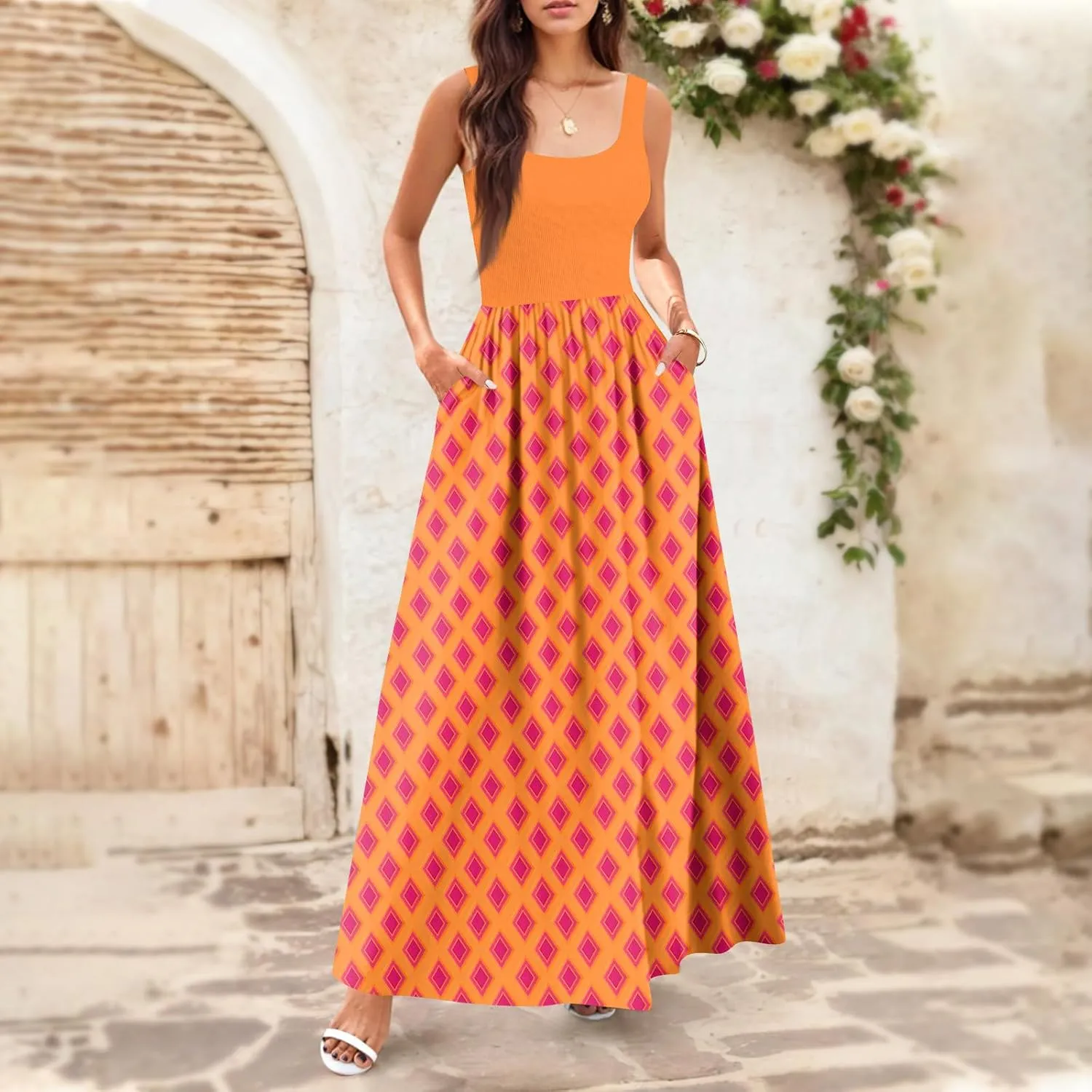 Summer Dress for Women 2025 Floral Sundress Flowy Beach Vacation Boho Maxi Dresses Tiered Floral Maxi Dress