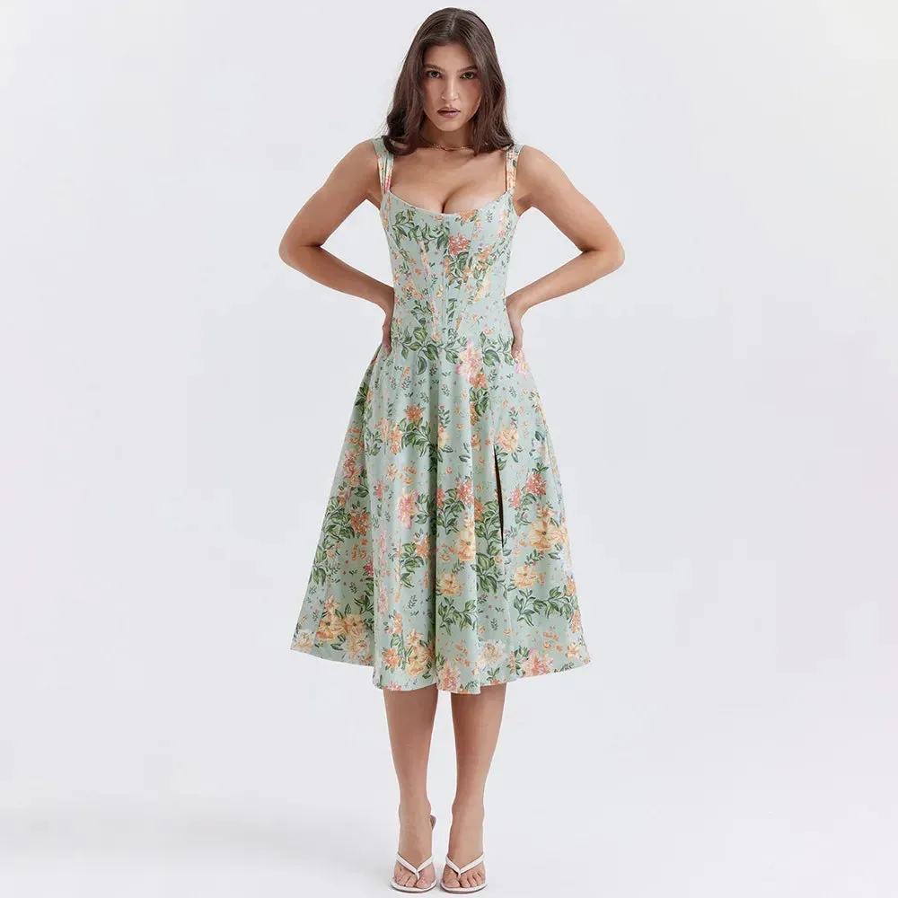 Suninheart Summer Green Lace Up Print Floral Dress