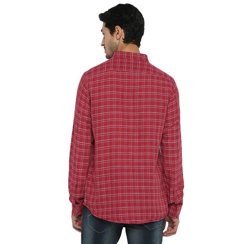 Turtle Men Cotton Linen Red Slim Fit Checkered Shirts