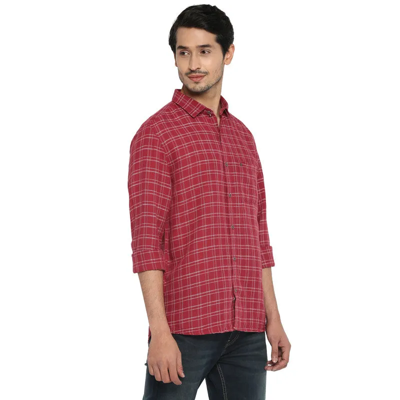 Turtle Men Cotton Linen Red Slim Fit Checkered Shirts