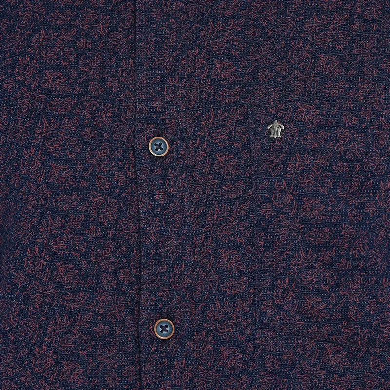 Turtle Men Cotton Navy Blue Printed Slim Fit Shirts