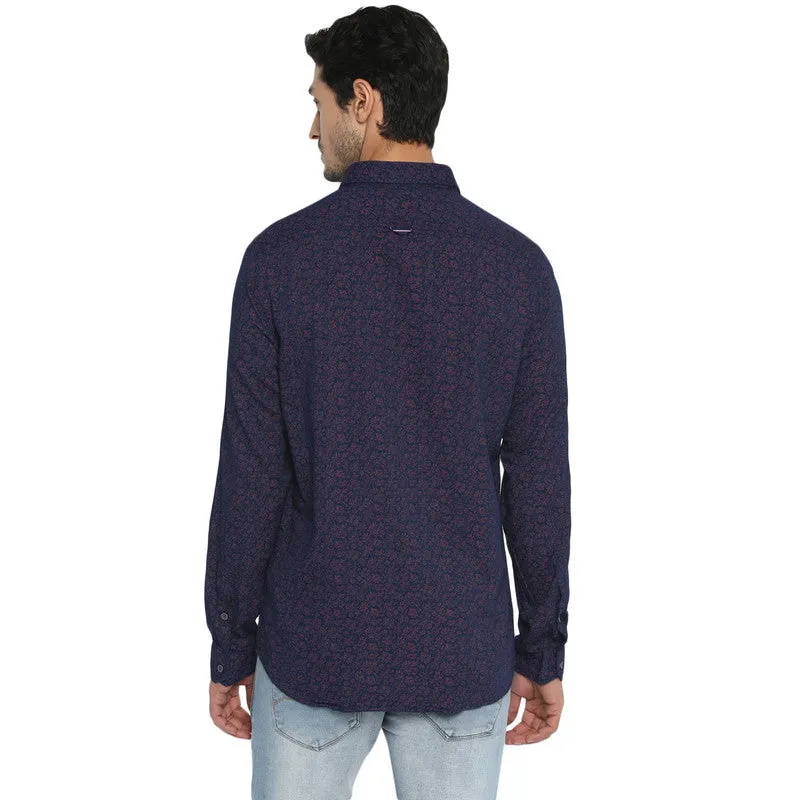 Turtle Men Cotton Navy Blue Printed Slim Fit Shirts