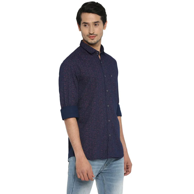 Turtle Men Cotton Navy Blue Printed Slim Fit Shirts