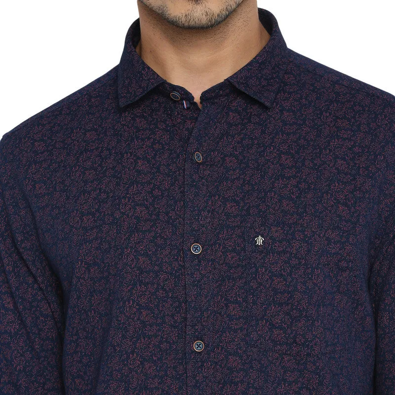 Turtle Men Cotton Navy Blue Printed Slim Fit Shirts